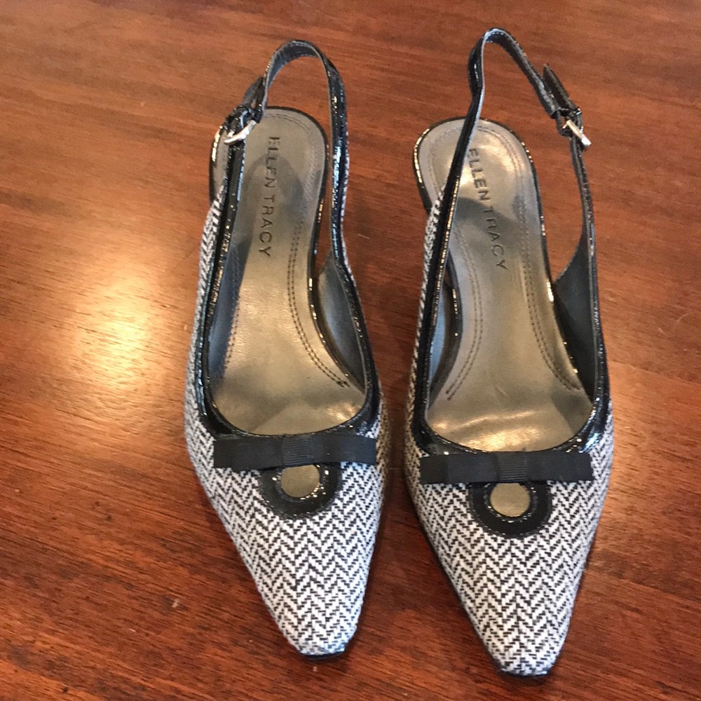 Black and gray slingback kitten heels